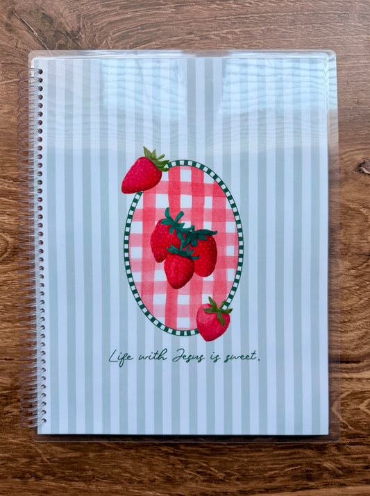 Berry Sweet Verse by Verse Bible Study Journal with strawberry design and striped background.