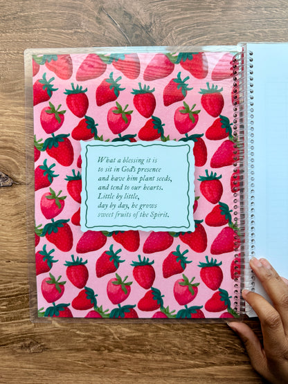Berry Sweet Verse by Verse Bible Study Journal with a pink strawberry pattern on the cover.