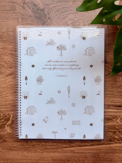 Gardener Verse-by-Verse Bible Study Notebook with floral and gardening illustrations on a white background.