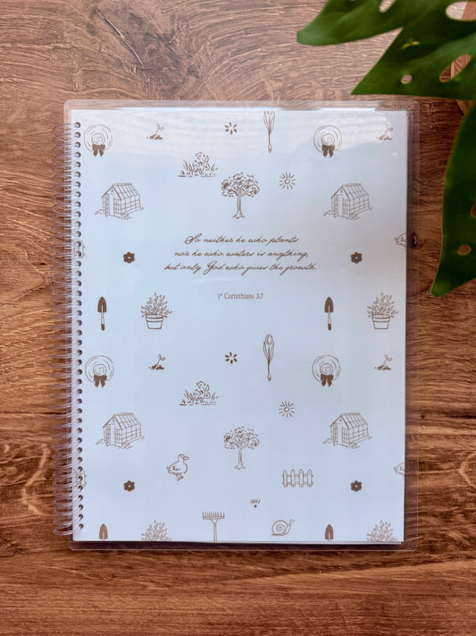 Gardener Verse-by-Verse Bible Study Notebook with floral and gardening illustrations on a white background.
